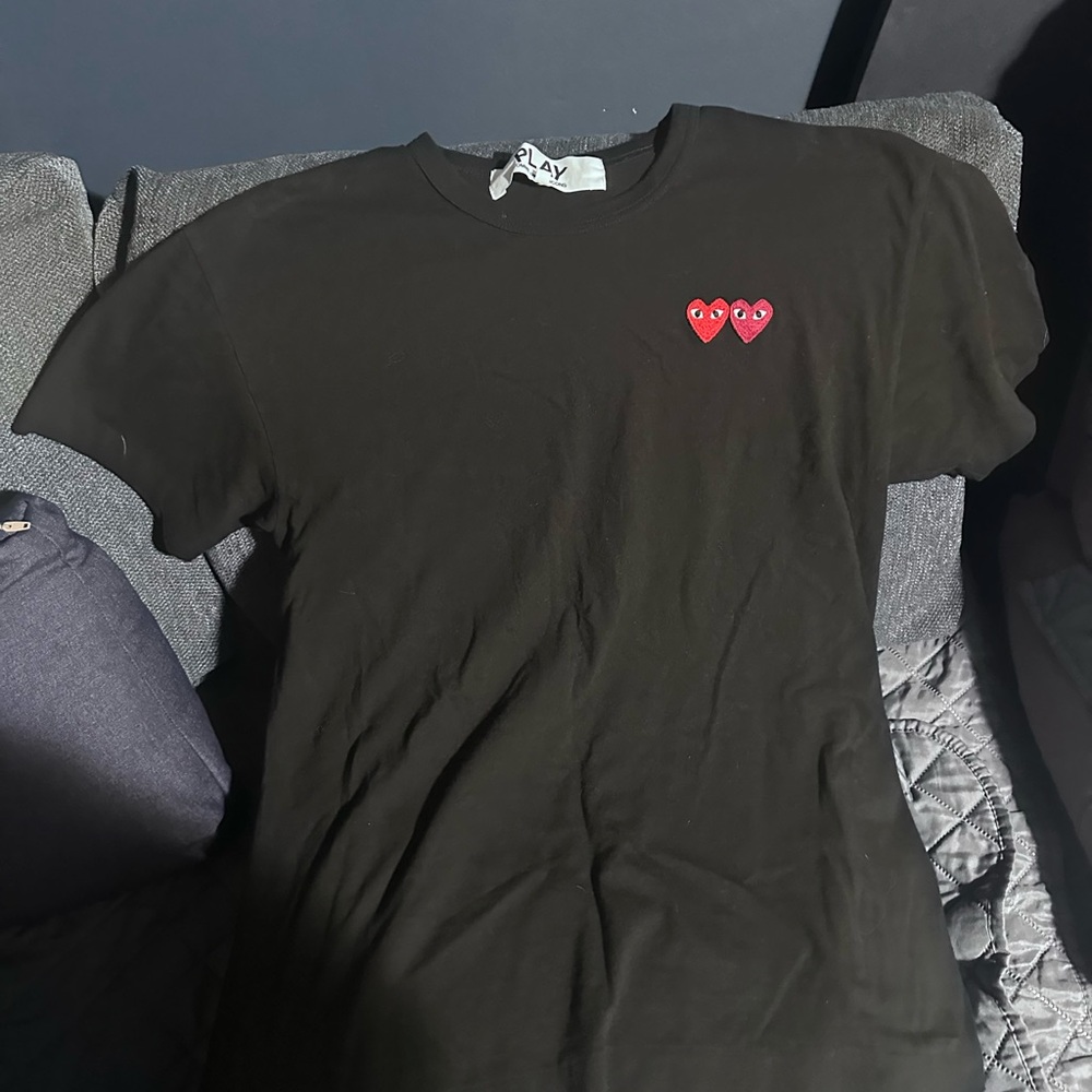 Black T-Shirt with Red Heart Patches